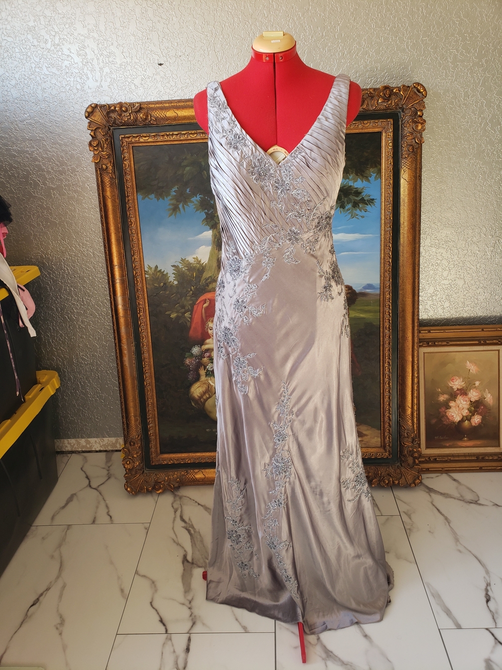 Silver Satin V-Neck Prom Dress with Floral Embroidery